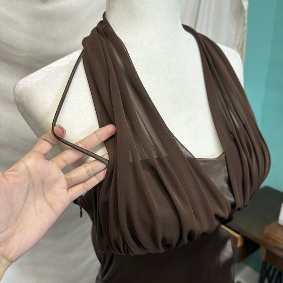 Vintage 90s y2k Blondie Nites Prom Gown Halter Brown Satin Ruffle Jr S Assymetri - Picture 6 of 12
